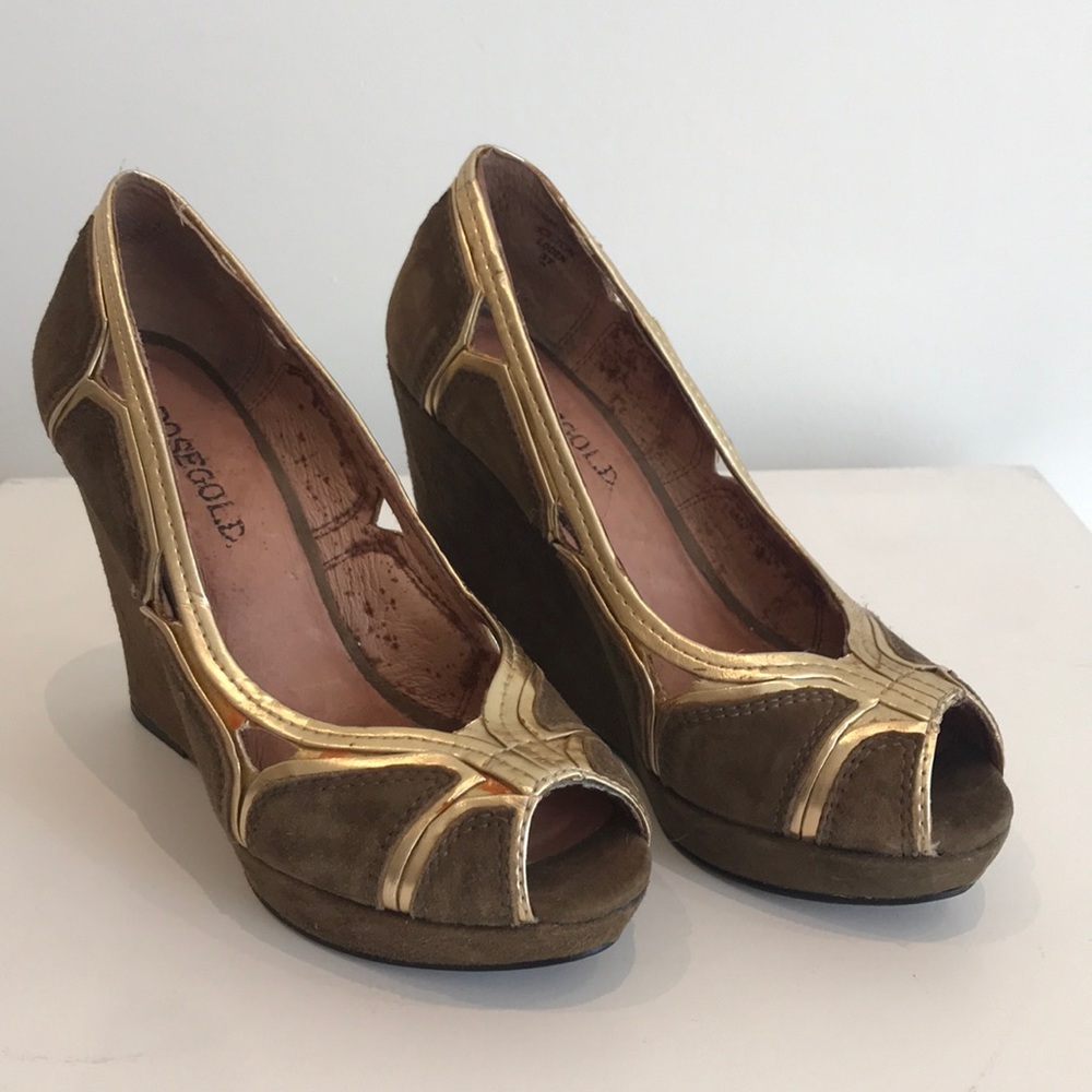 Rosegold Candace Suede Wedges brown and gold